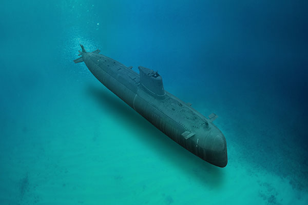 Top view of submarine close to ocean bottom