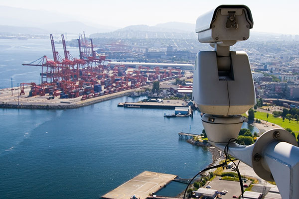 Security camera watching over harbor