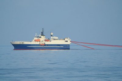 Marine Seismic Exploration vessel towing survey equipment